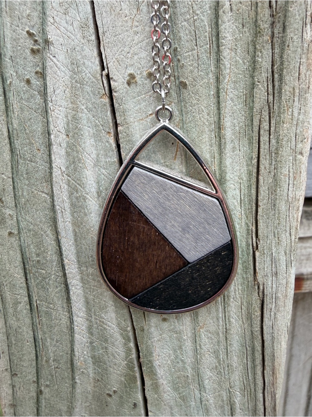 Geometric Teardrop Wood & Metal Pendant Necklace - Brown, Black, Silver